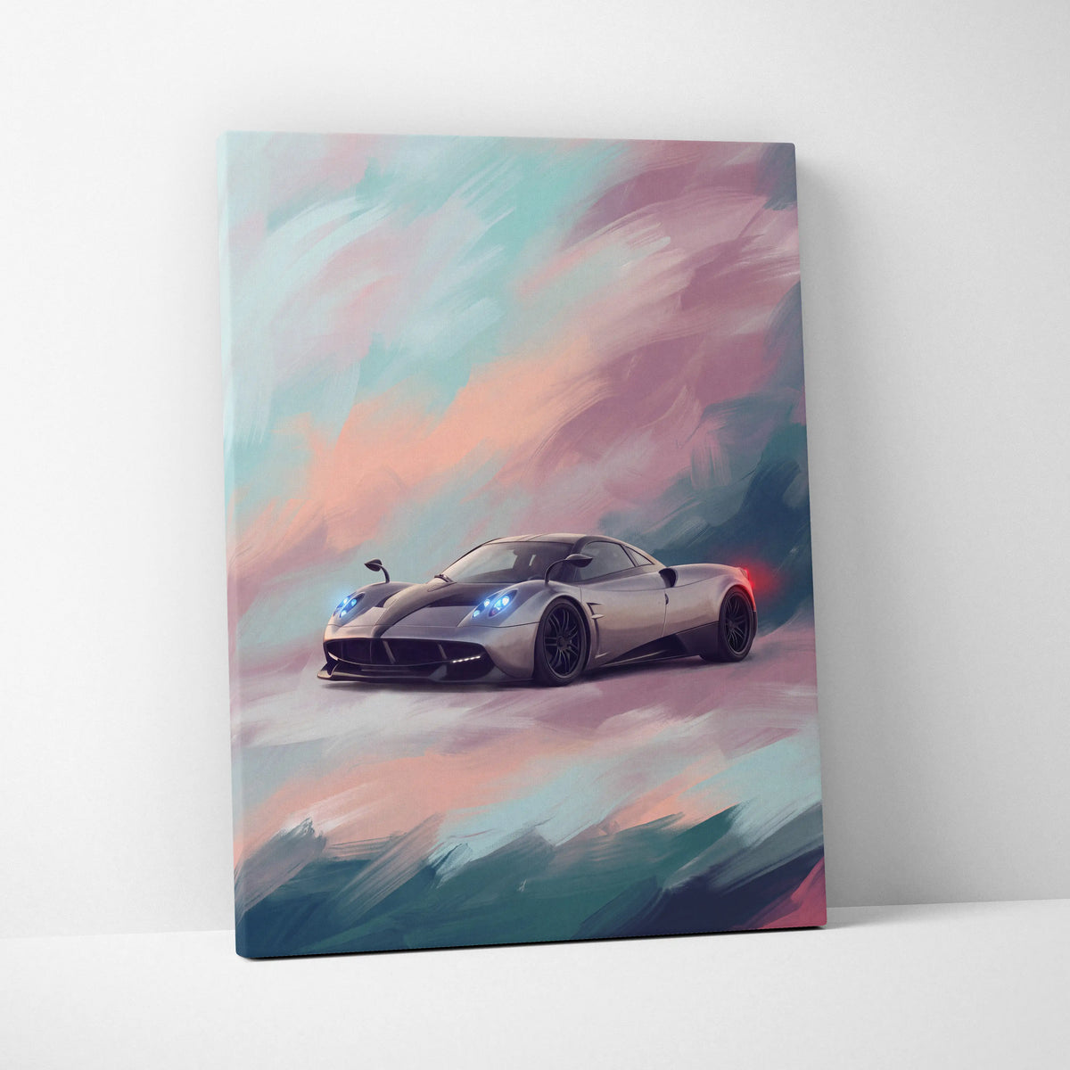 Silver Pagani Huayra hypercar canvas art print with glowing blue headlights and pastel sky background wall decor
