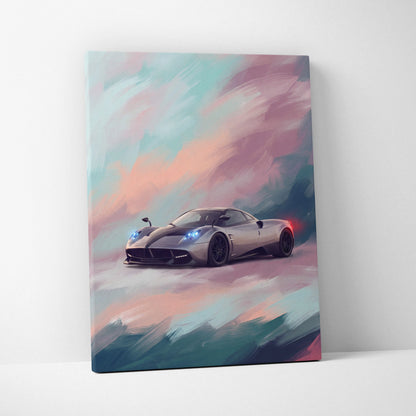 Silver Pagani Huayra hypercar canvas art print with glowing blue headlights and pastel sky background wall decor