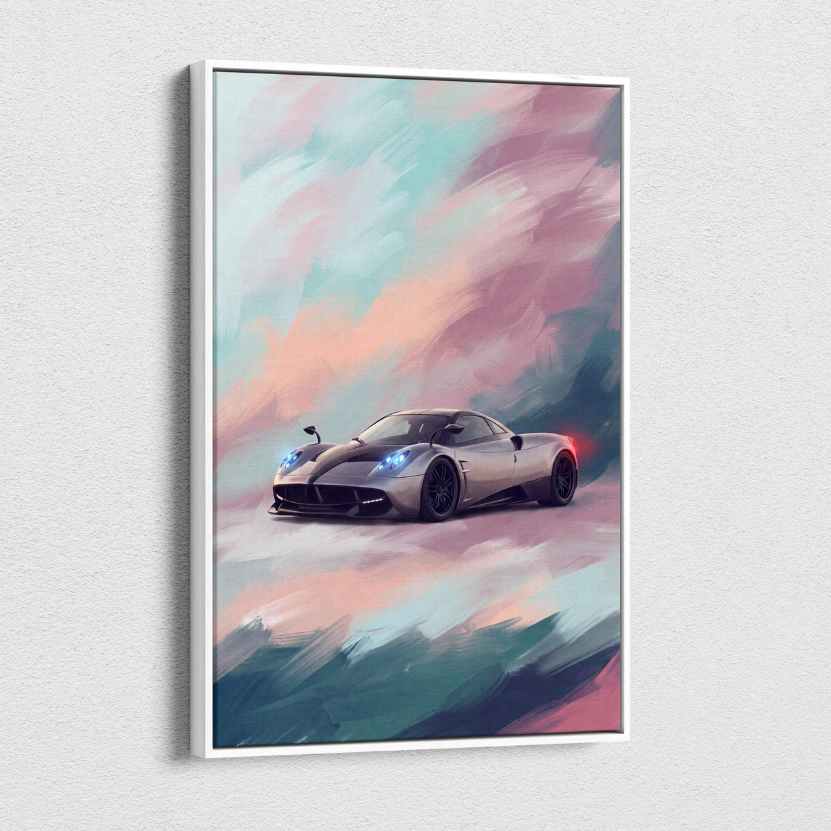 Pagani huayra inspired supercar canvas art featuring a sleek silver car with blue headlights and black rims in a white frame