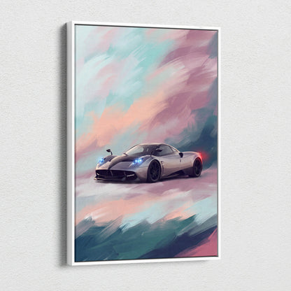 Pagani huayra inspired supercar canvas art featuring a sleek silver car with blue headlights and black rims in a white frame