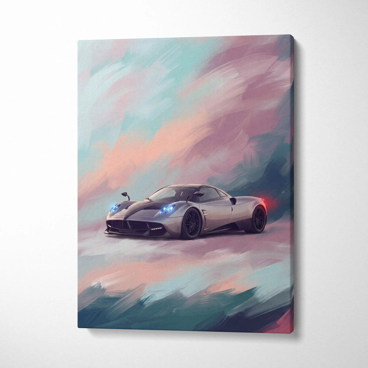 Silver Pagani Huayra inspired supercar canvas art with glowing blue headlights and red taillights on pastel sky background