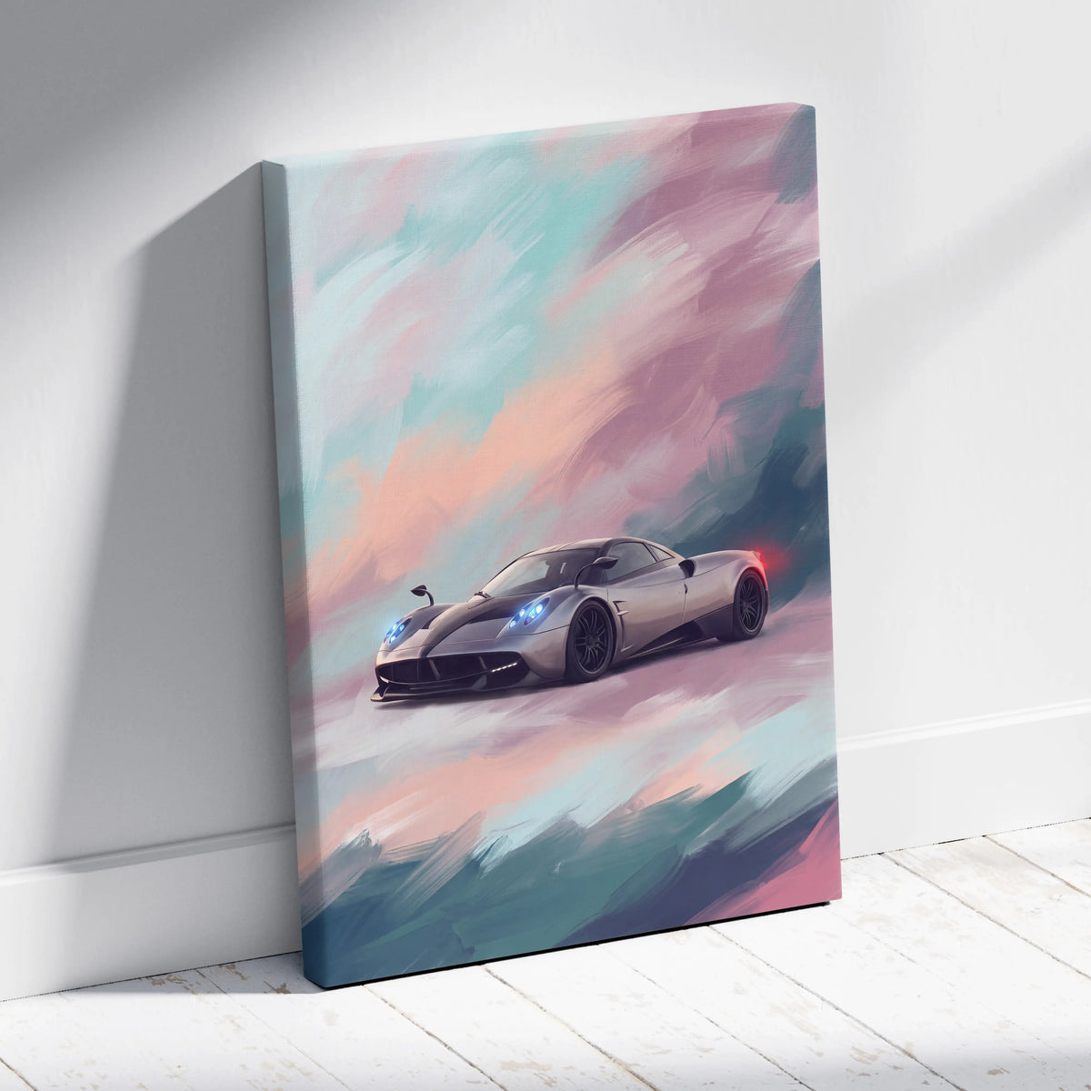 Pagani huayra inspired supercar canvas art featuring a sleek silver car with blue headlights against a pastel sky