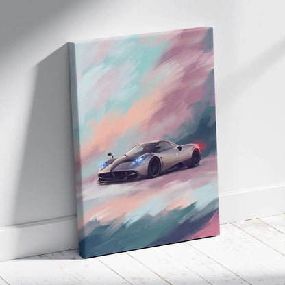 Pagani huayra inspired supercar canvas art featuring a sleek silver car with blue headlights against a pastel sky