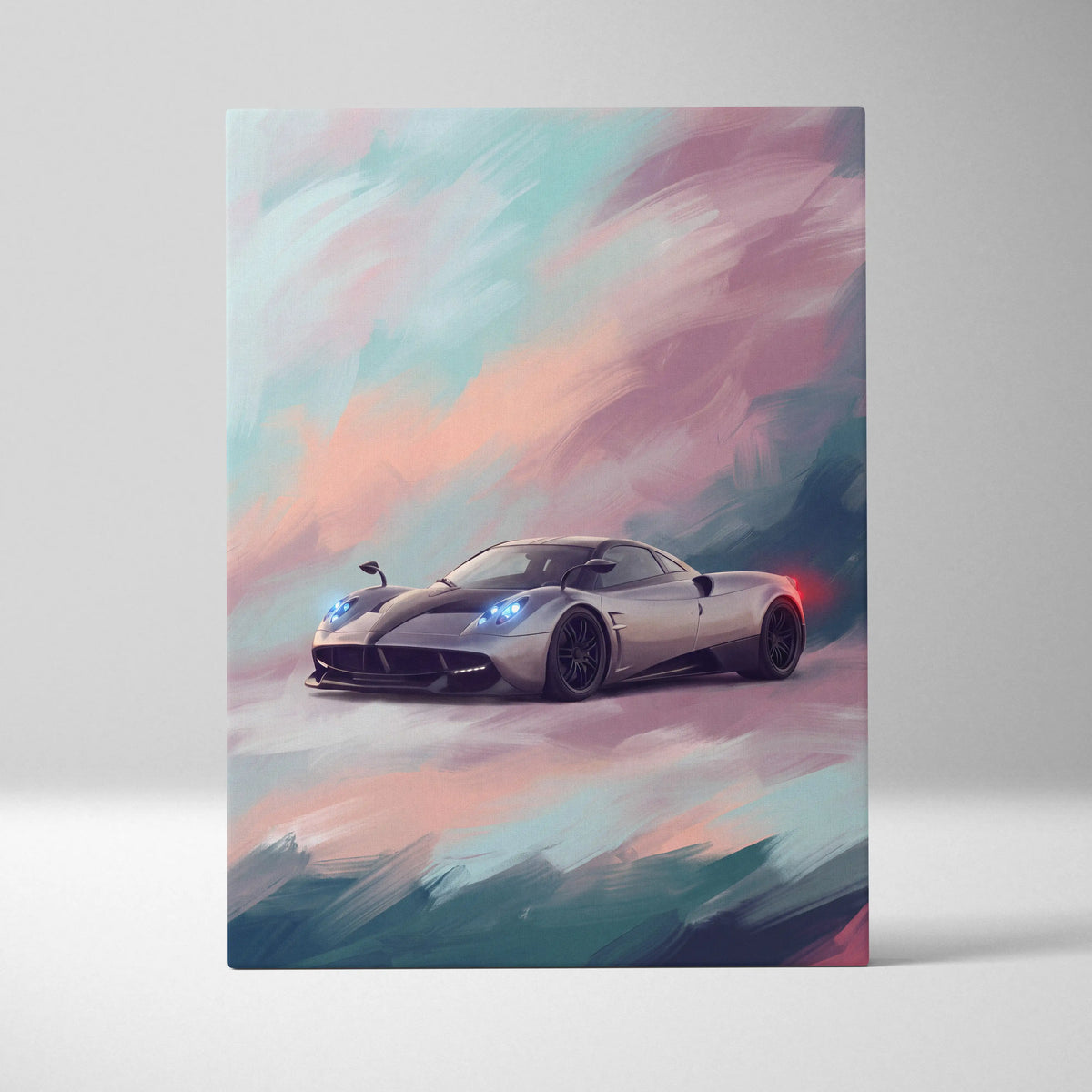 Silver pagani huayra inspired supercar canvas art with glowing blue headlights and black rims custom car wall art print
