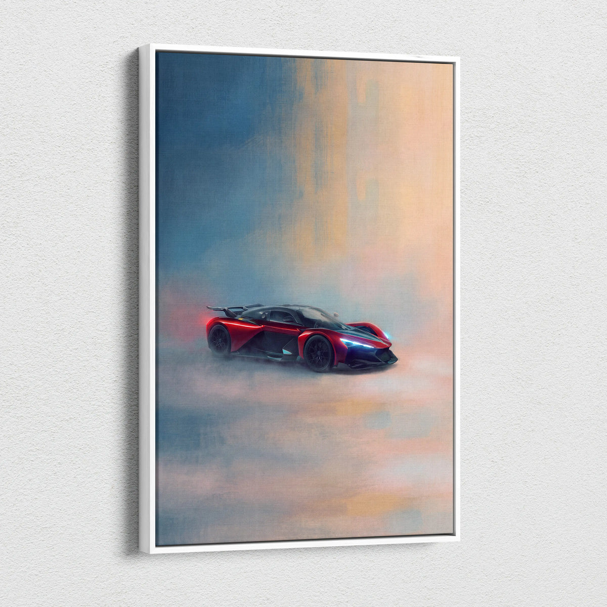 Red and black futuristic zenvo aurora agil inspired canvas art featuring smoky dynamic sports car in white frame