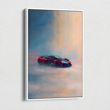 Red and black futuristic zenvo aurora agil inspired canvas art featuring smoky dynamic sports car in white frame