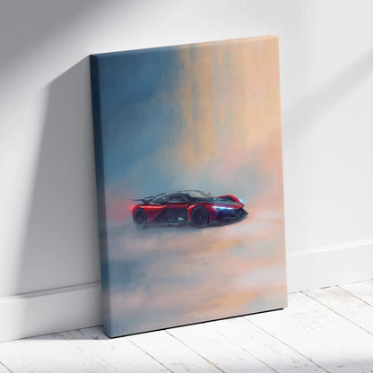 Red and black futuristic sports car canvas print leaning against white wall Zenvo Aurora Agil inspired wall decor