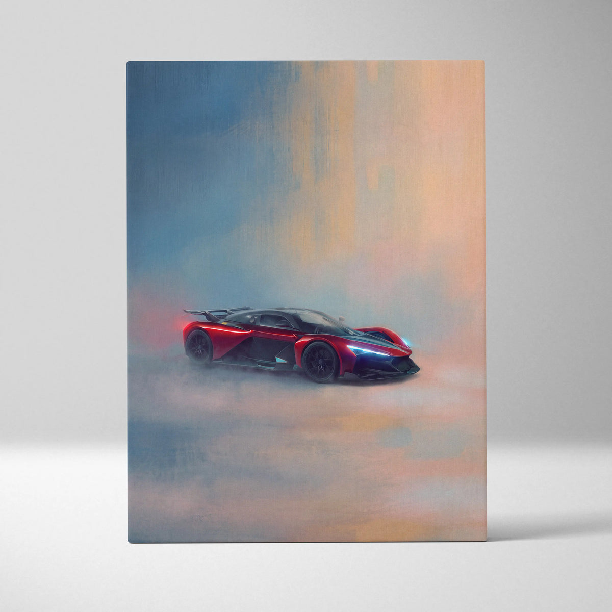 Red and black futuristic Zenvo Aurora Agil inspired canvas art featuring dynamic smoky sports car automotive wall decor