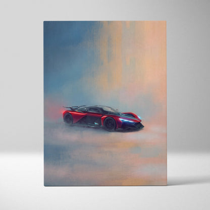Red and black futuristic Zenvo Aurora Agil inspired canvas art featuring dynamic smoky sports car automotive wall decor