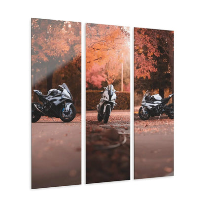 Three-piece acrylic canvas wall art featuring BMW S1000RR motorcycle with autumn leaves in the background.
