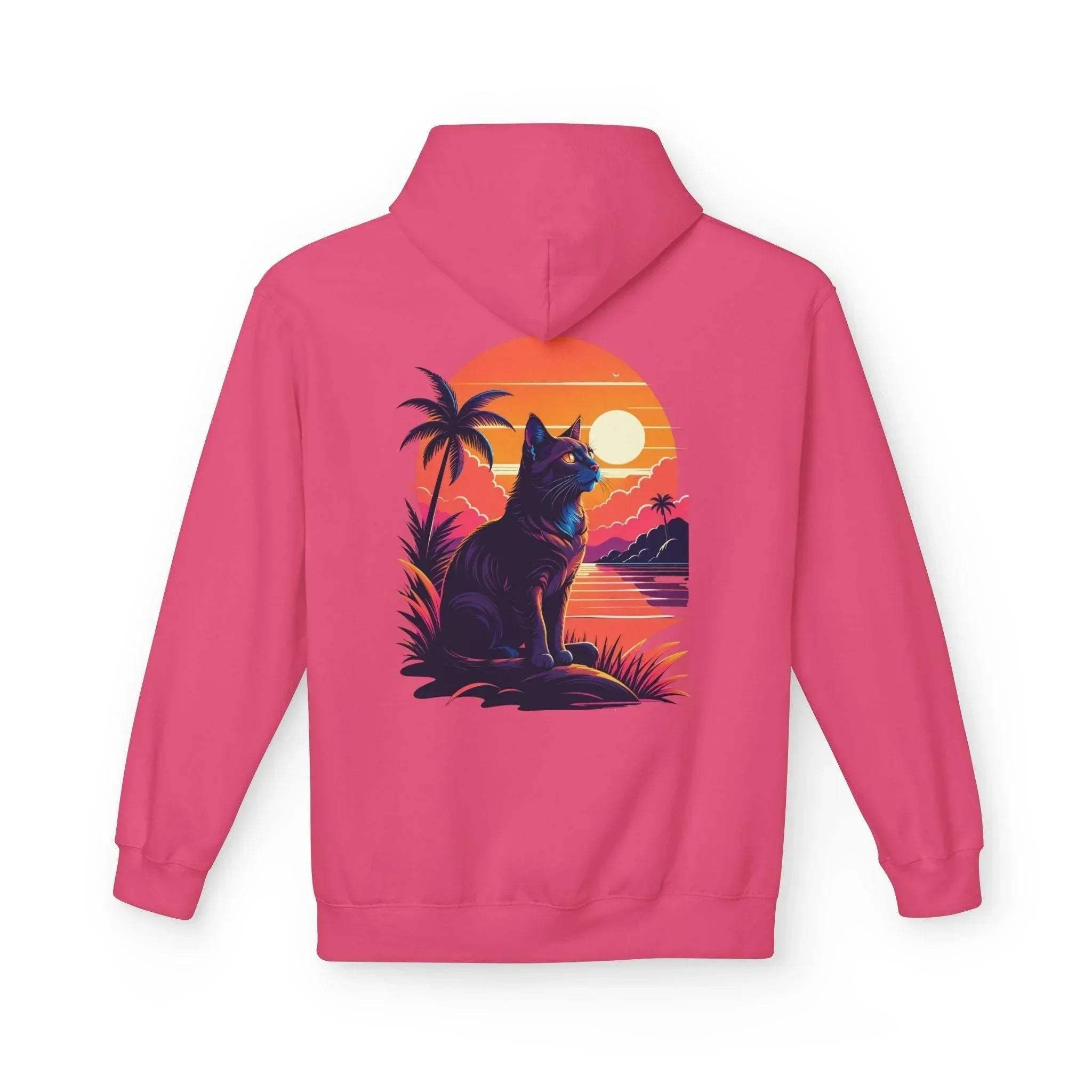 Cozy Cat Lover's Retro Sunset Fleece Hoodie