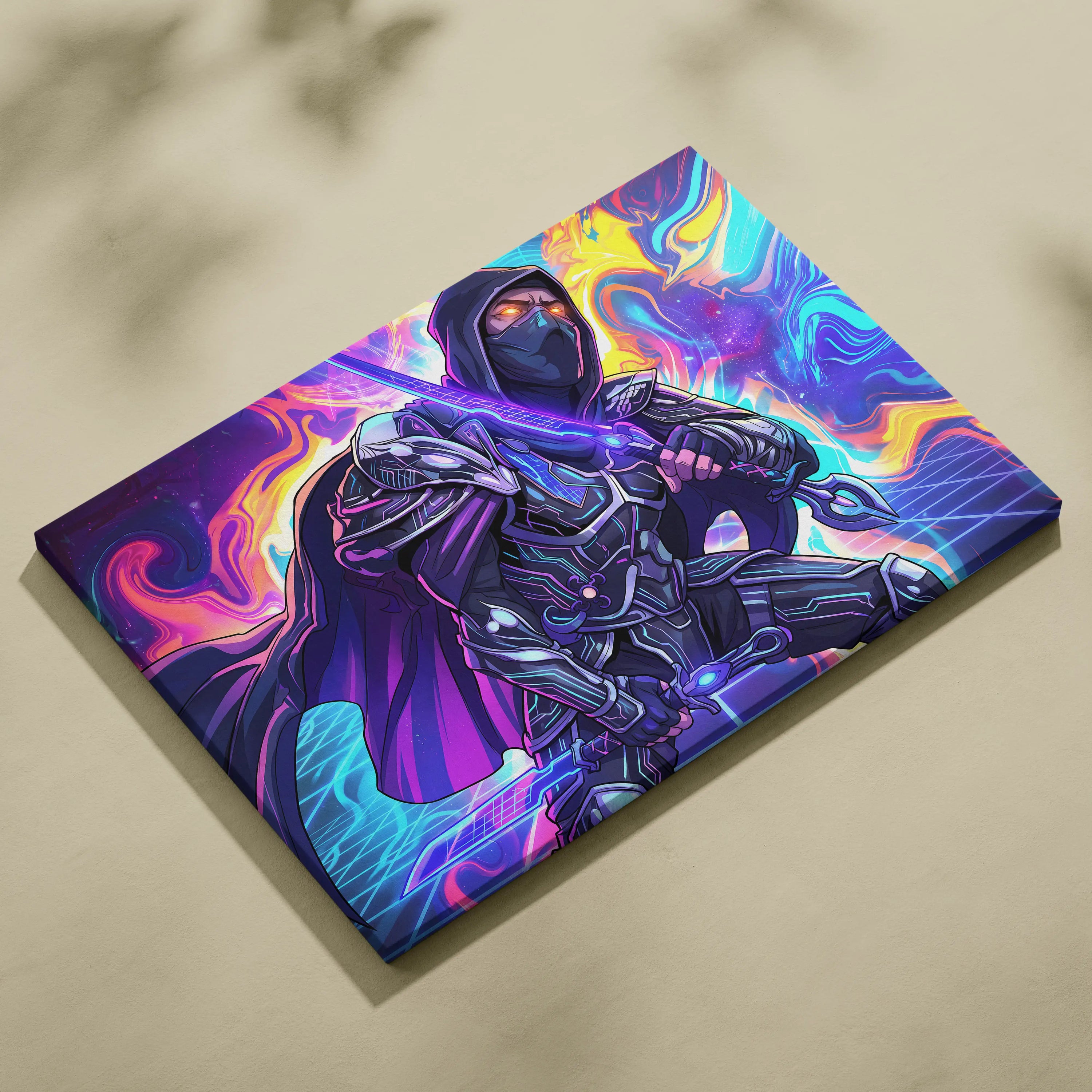 Vaporwave Neon Warrior Canvas - Ninja Warrior Wall Art Neon Pink Blue Living Room Vaporwave Cyberpunk Mood On Canvas