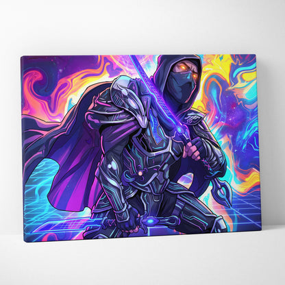 Vaporwave Neon Warrior Canvas - Ninja Warrior Wall Art Neon Pink Blue Living Room Vaporwave Cyberpunk Mood On Canvas