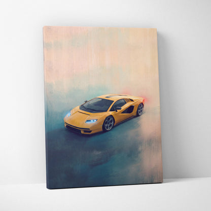A vibrant yellow Lamborghini Countach LPI 800-4 inspired canvas print featuring a sleek sports car design