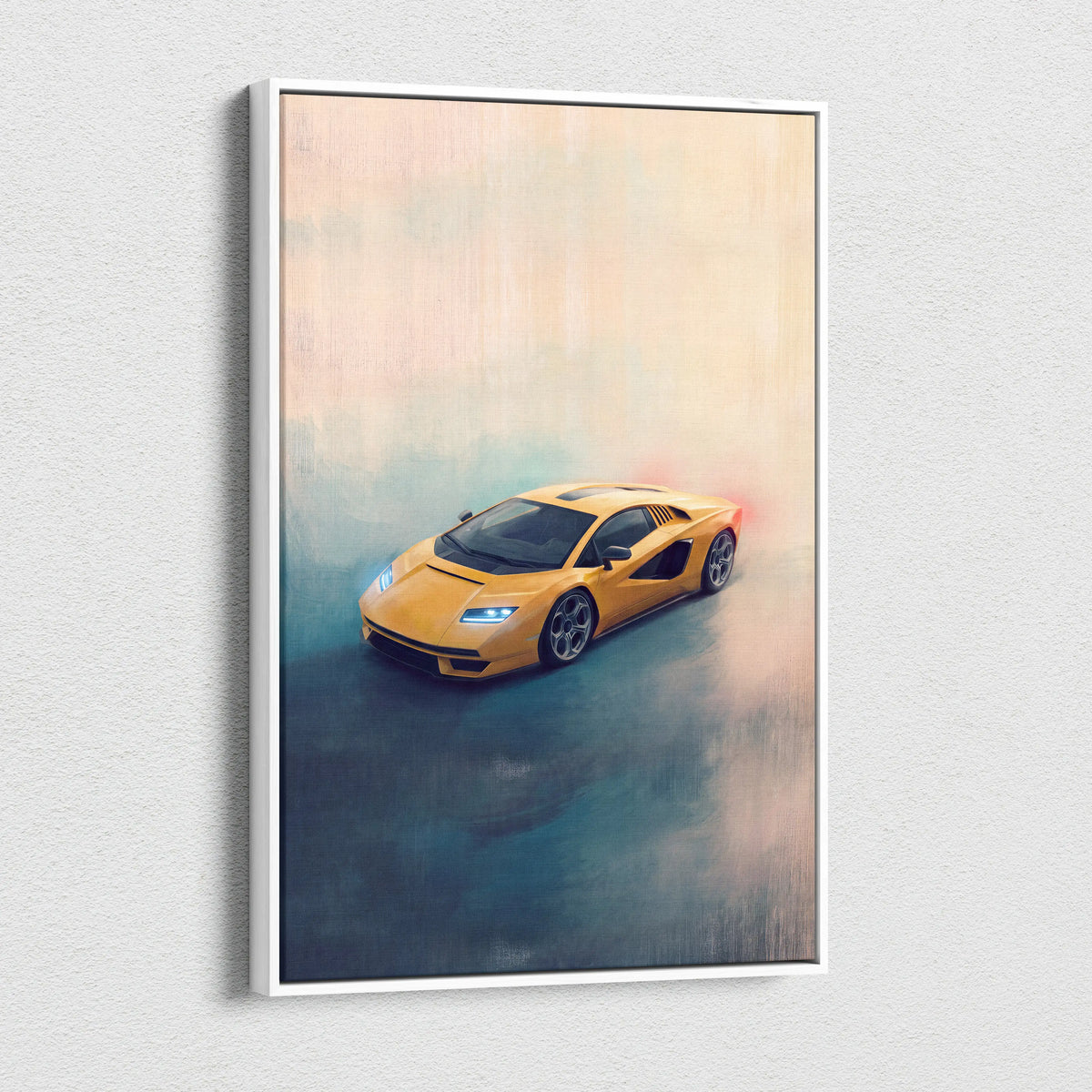 Lamborghini countach lpi 800-4 inspired car wall art featuring a vibrant yellow sports car in a white frame