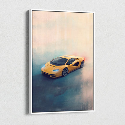 Lamborghini countach lpi 800-4 inspired car wall art featuring a vibrant yellow sports car in a white frame