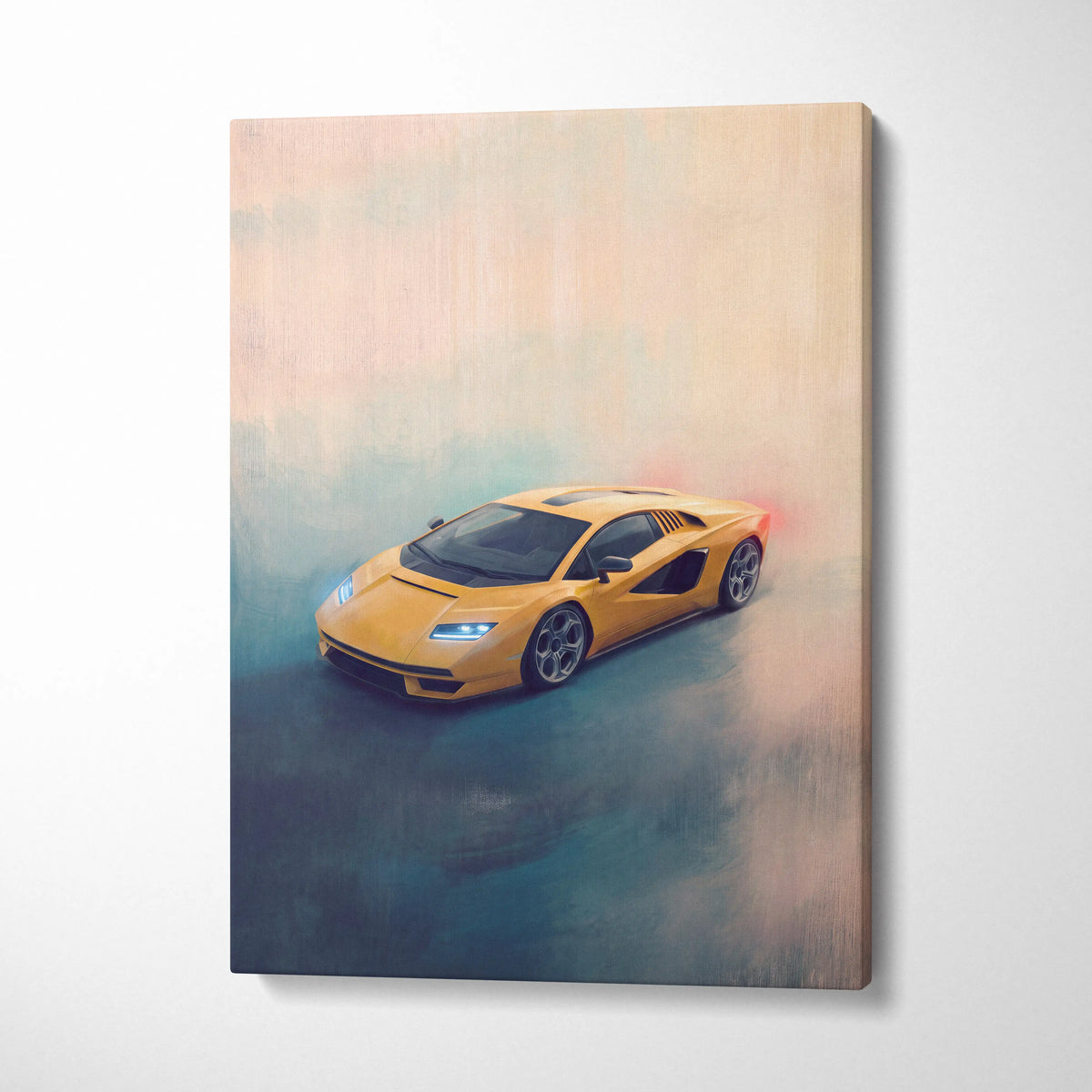 Vibrant yellow lamborghini countach lpi 800-4 inspired car wall art canvas print with sleek futuristic sports car design