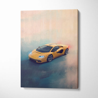 Vibrant yellow lamborghini countach lpi 800-4 inspired car wall art canvas print with sleek futuristic sports car design