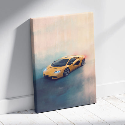 A vibrant yellow Lamborghini Countach LPI 800-4 inspired canvas print featuring a sleek sports car design