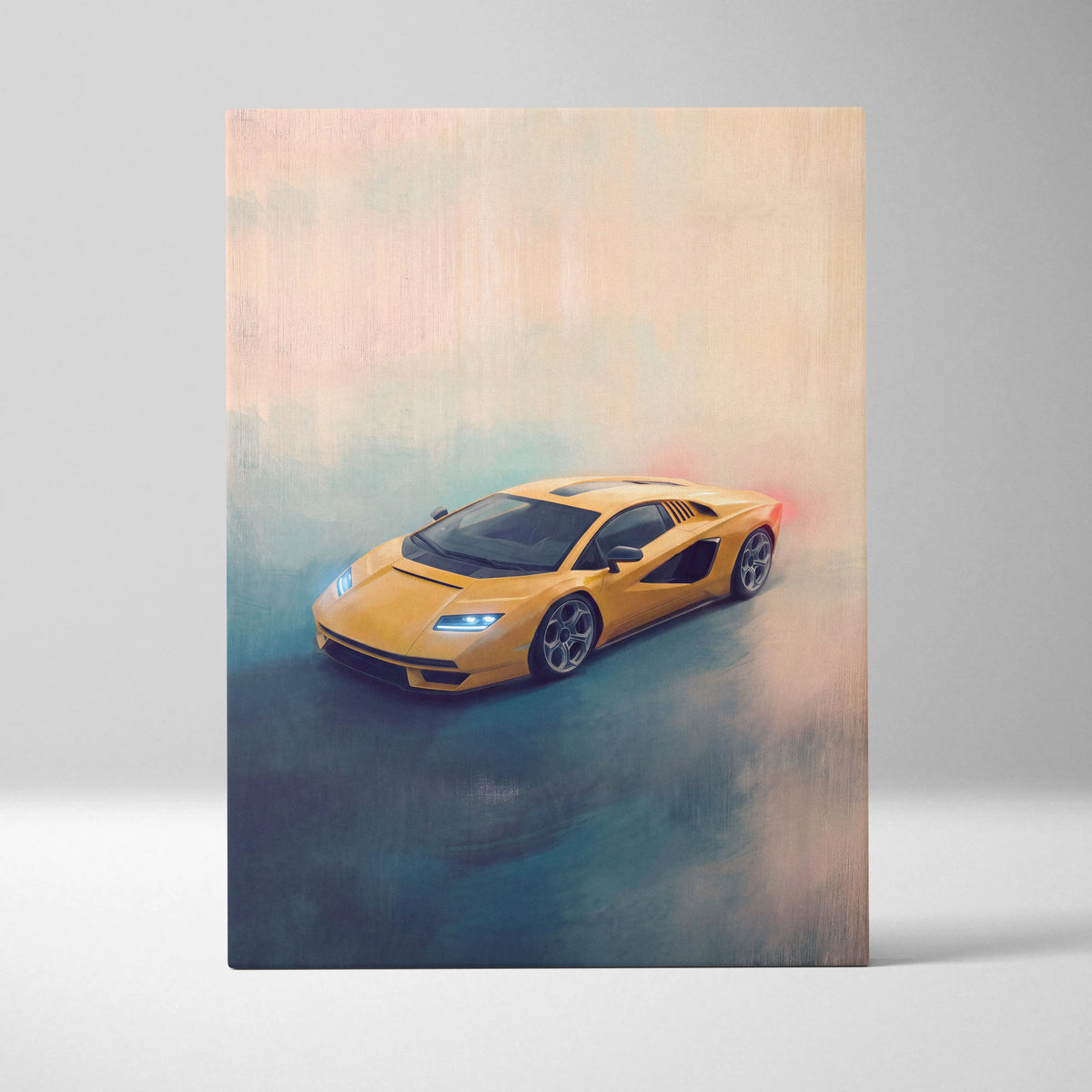 Vibrant yellow lamborghini countach lpi 800-4 inspired car wall art canvas painting print in stylized painterly style