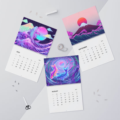 2027 Japan Inspired Vaporwave Wall Calendar – Koi Fish, Mount Fuji & Neon Wave Artwork