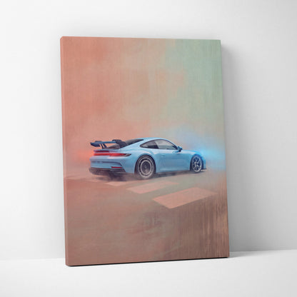 A light blue porsche 911 gt3 rs inspired canvas print showing the rear with glowing taillights and motion blur effects