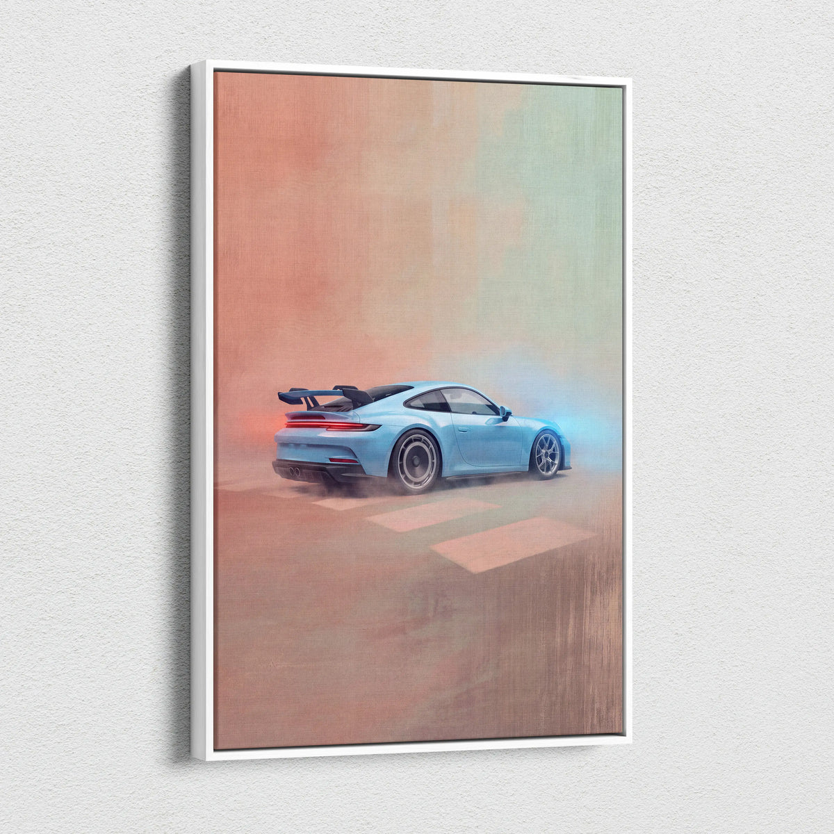 Light blue porsche 911 gt3 rs inspired sports car canvas print in white frame for luxury automotive wall art