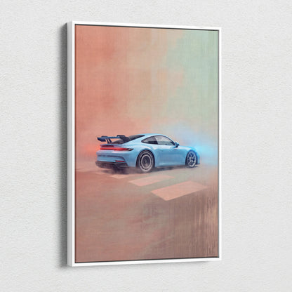 Light blue porsche 911 gt3 rs inspired sports car canvas print in white frame for luxury automotive wall art