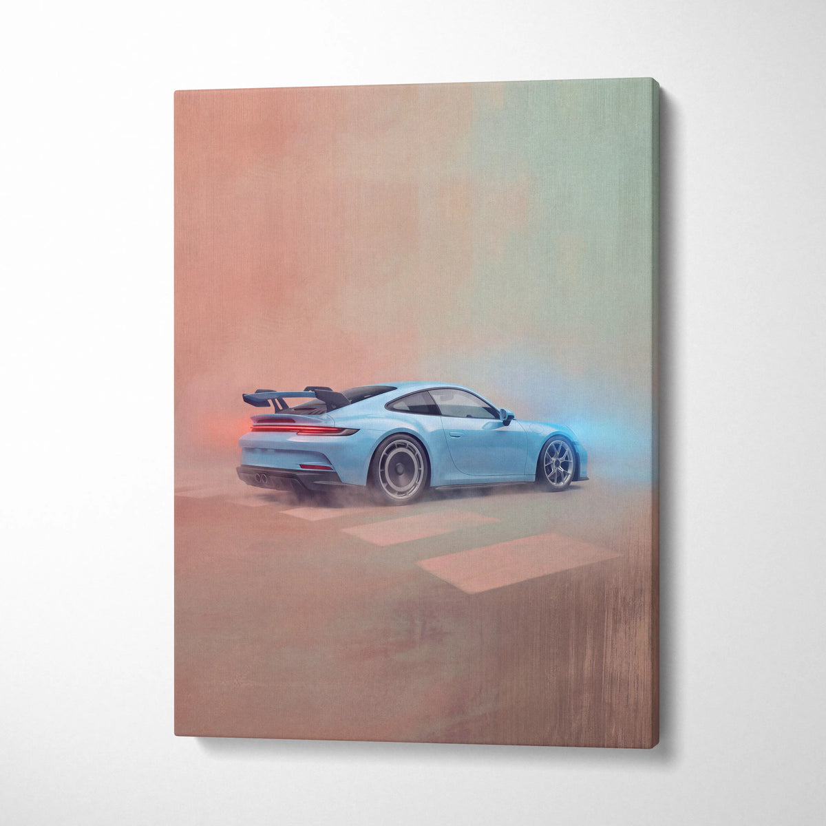 Light blue porsche 911 gt3 rs inspired canvas print featuring dynamic drift scene with smoke effects for wall art