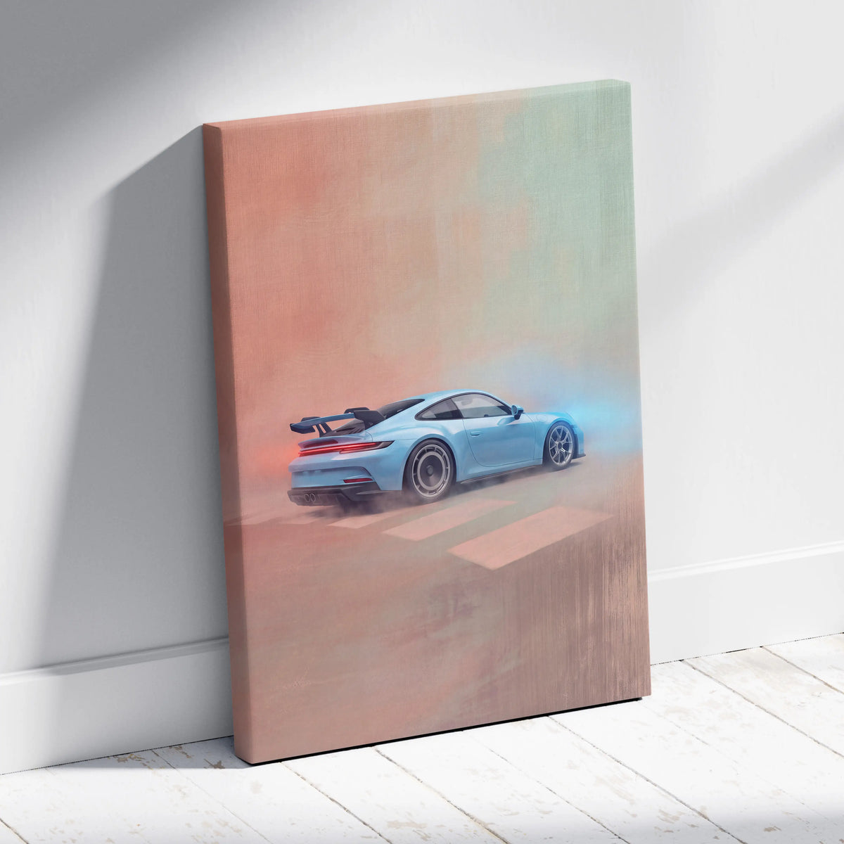 A light blue porsche 911 gt3 rs inspired canvas print showing a dynamic rear view with smoke effects on a gradient background