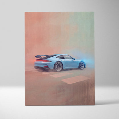 A light blue porsche 911 gt3 rs inspired sports car in a smoky stylized artistic automotive wall art canvas print