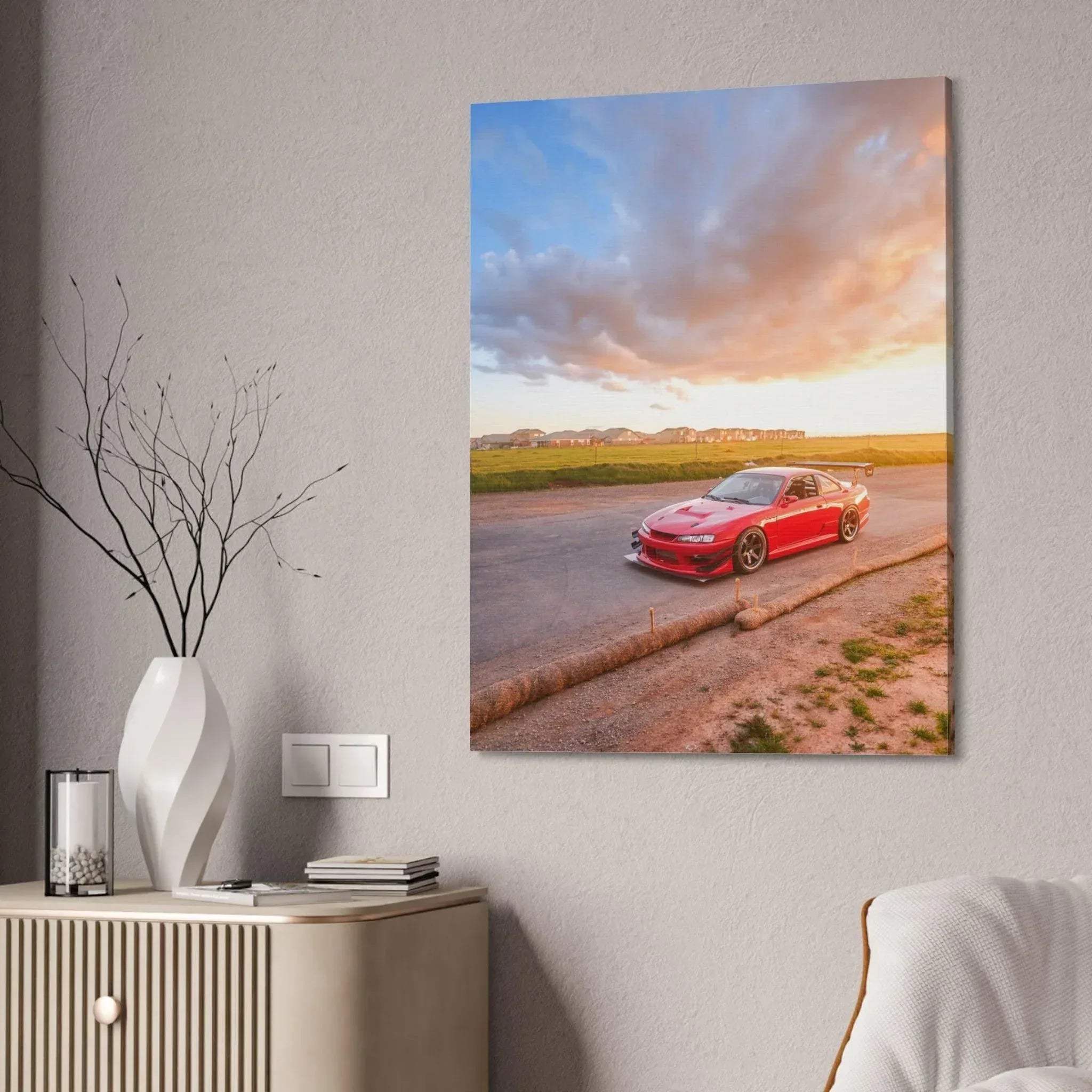 Nissan 240sx S14 Kouki red car on road at sunset vertical canvas wall art print.
