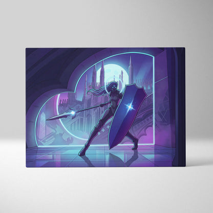 Neon Vapor Knight Canvas Art - Vaporwave Knight Neon Cyan Purple Living Room Wall Art Retro Futurism Moody Neon Glow Synthwave Wall Decor Canvas Print