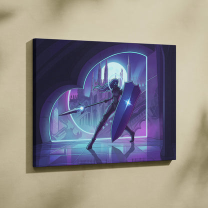 Neon Vapor Knight Canvas Art - Vaporwave Knight Neon Cyan Purple Living Room Wall Art Retro Futurism Moody Neon Glow Synthwave Wall Decor Canvas Print