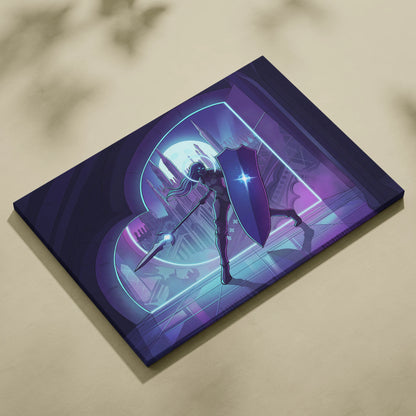 Neon Vapor Knight Canvas Art - Vaporwave Knight Neon Cyan Purple Living Room Wall Art Retro Futurism Moody Neon Glow Synthwave Wall Decor Canvas Print