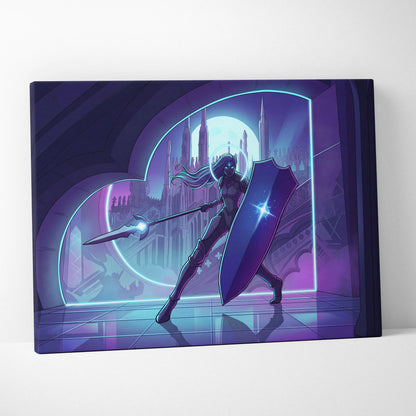 Neon Vapor Knight Canvas Art - Vaporwave Knight Neon Cyan Purple Living Room Wall Art Retro Futurism Moody Neon Glow Synthwave Wall Decor Canvas Print