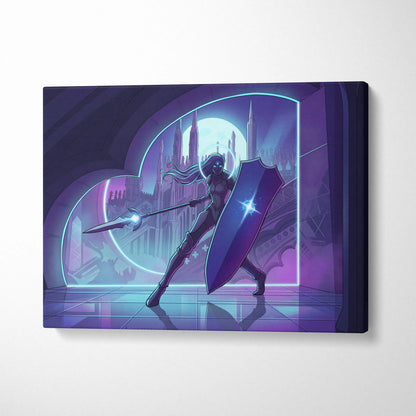 Neon Vapor Knight Canvas Art - Vaporwave Knight Neon Cyan Purple Living Room Wall Art Retro Futurism Moody Neon Glow Synthwave Wall Decor Canvas Print