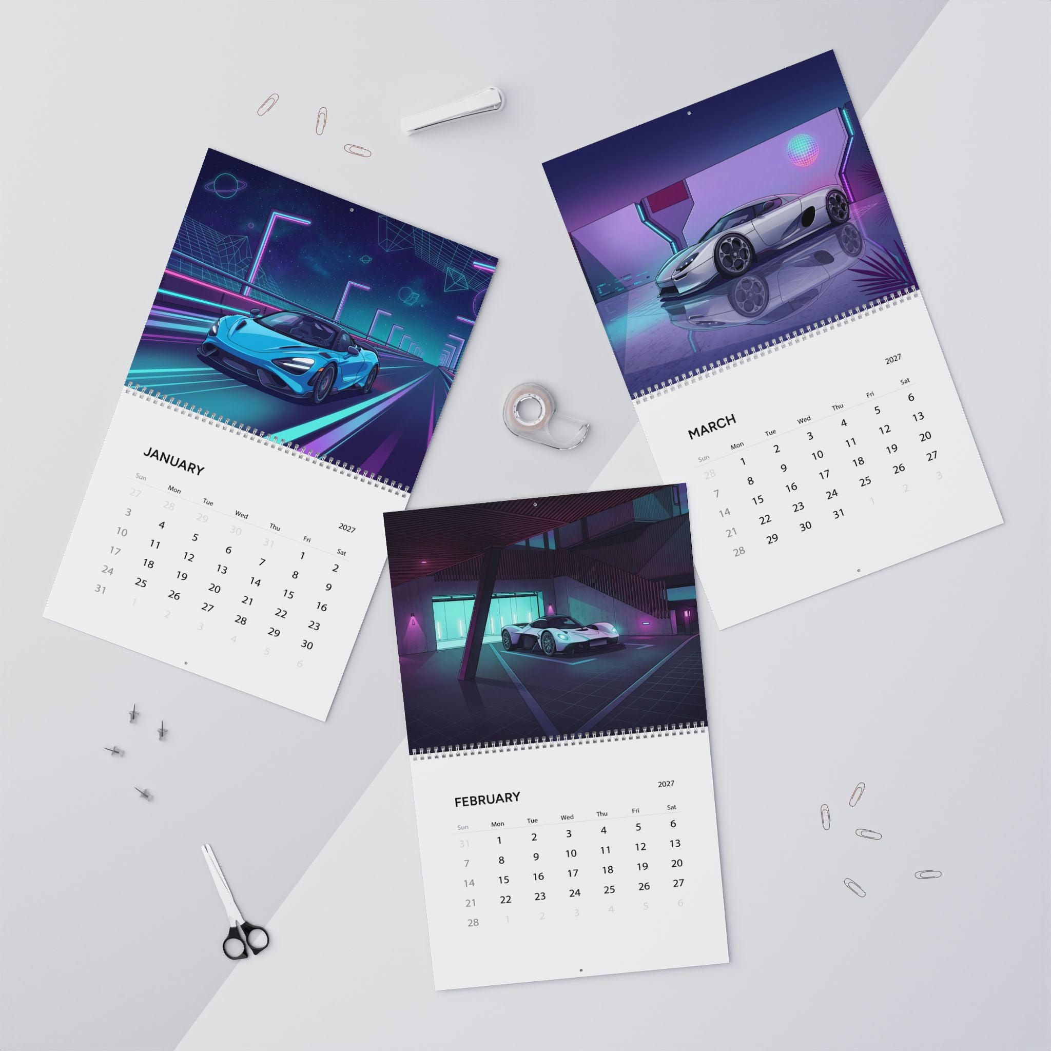 2027 Exotic Car Vaporwave Wall Calendar – High Performance Supercars & Neon Artwork Collection