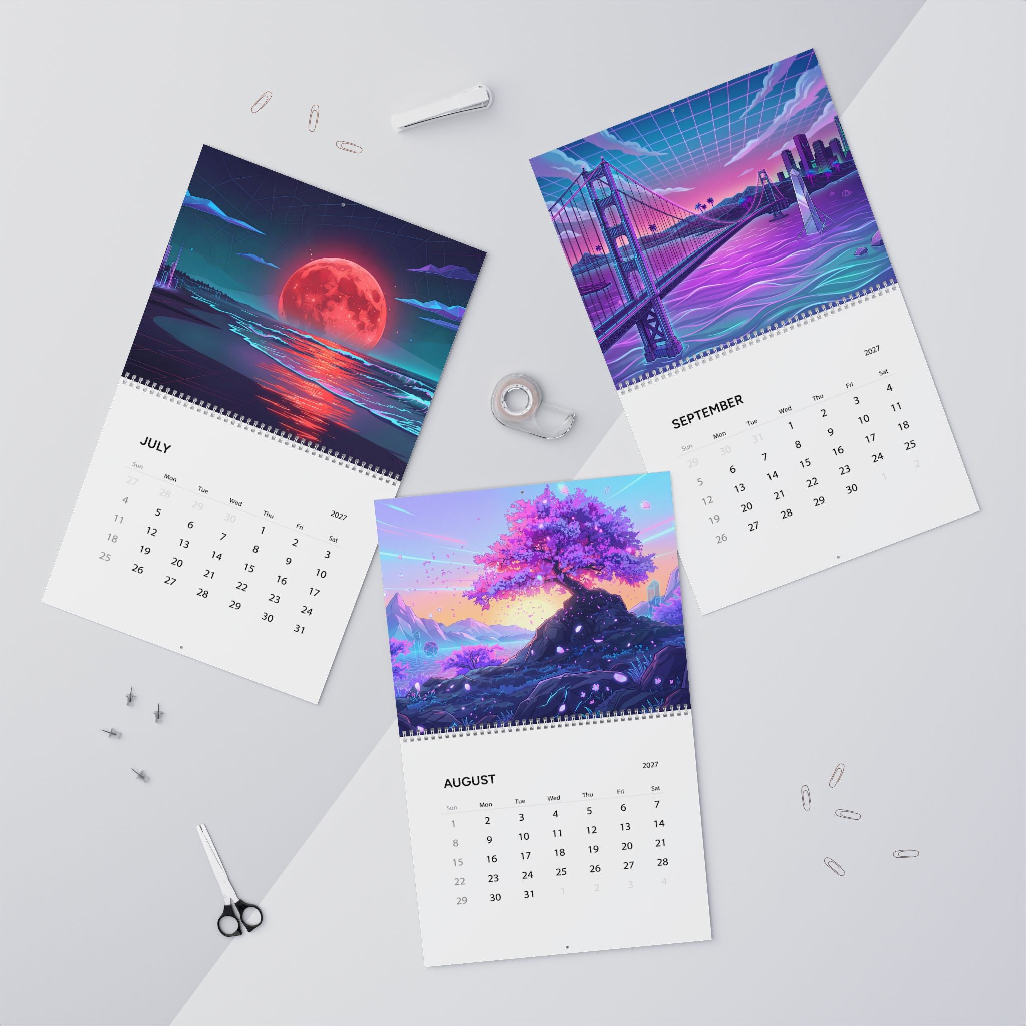 2027 Vaporwave Artwork Wall Calendar – Retro Futuristic Neon Art & Colorful Dreamscape Designs