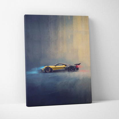 Ford gt inspired canvas art featuring yellow and black sports car on premium automotive wall decor print