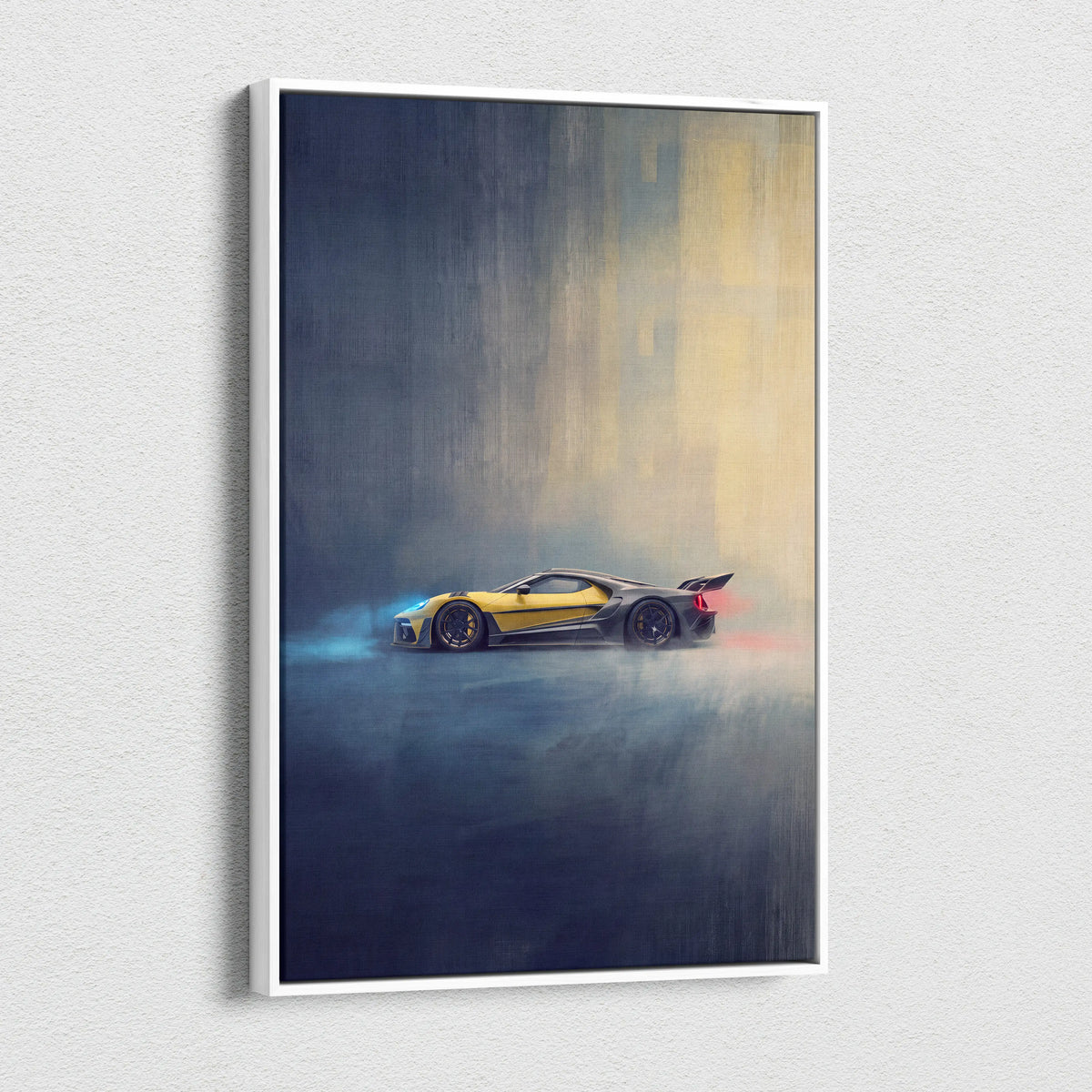 Ford gt inspired yellow and black sports car canvas art in white frame premium automotive wall decor