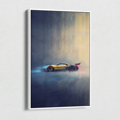 Ford gt inspired yellow and black sports car canvas art in white frame premium automotive wall decor