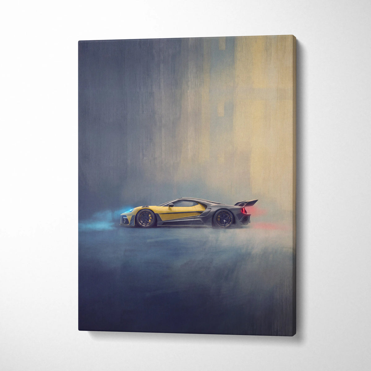 Ford GT inspired canvas art featuring a yellow and black sports car with glowing blue headlights and red taillights