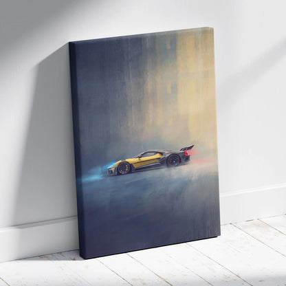 Ford GT inspired canvas art featuring a yellow and black sports car with glowing exhaust on premium wall decor