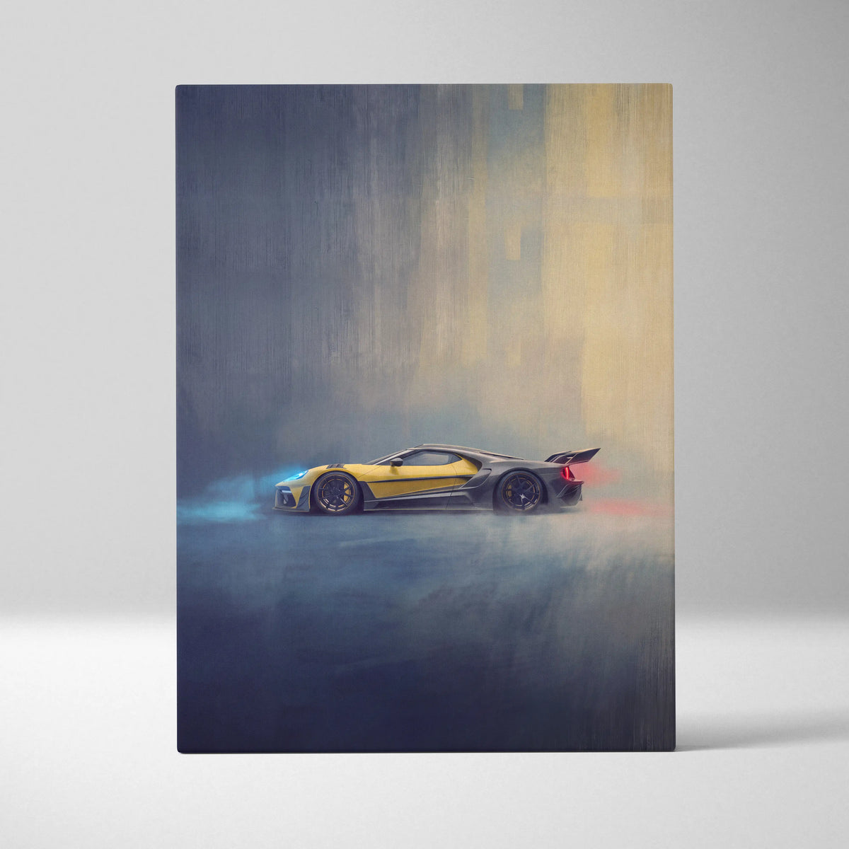 Ford gt inspired yellow and black sports car artwork on canvas premium automotive wall decor for home or office