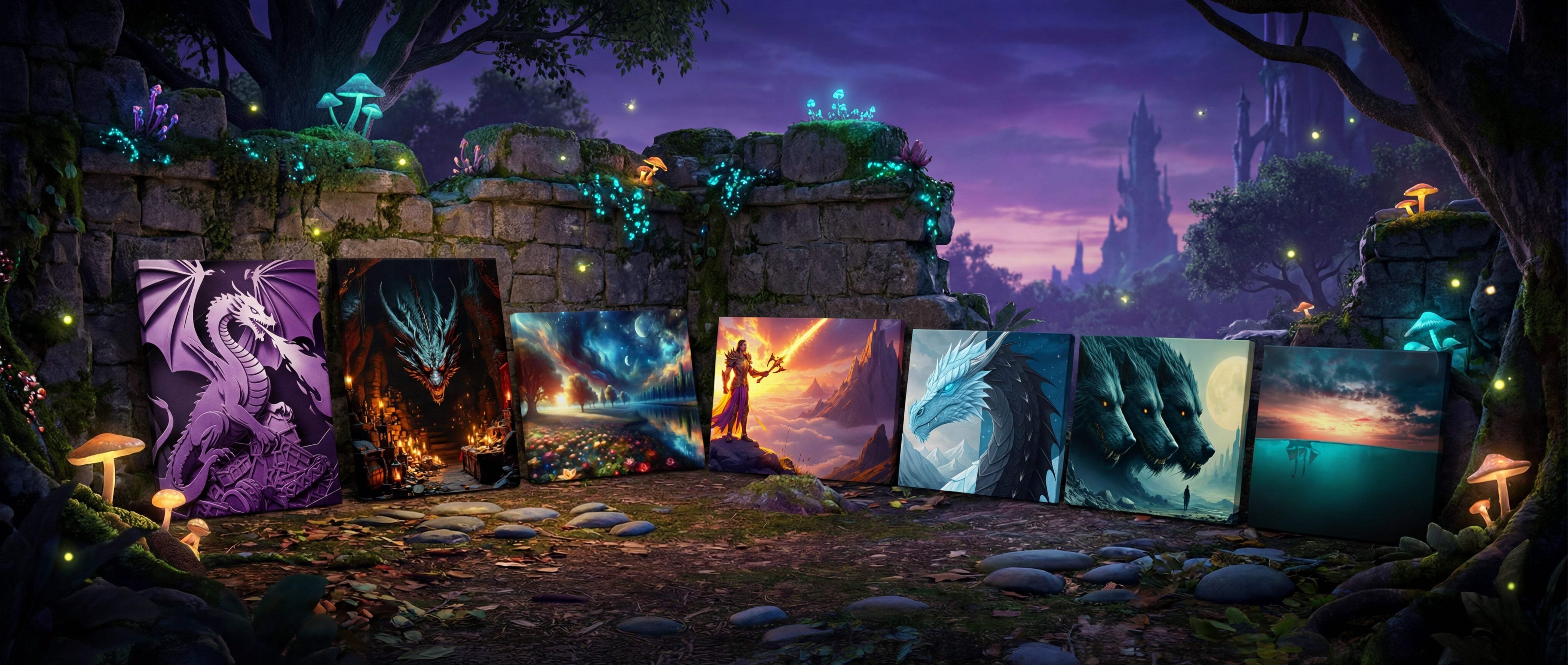 Six framed fantasy art prints, each showcasing vividly colored dragon or mythical creature imagery on glossy surfaces.