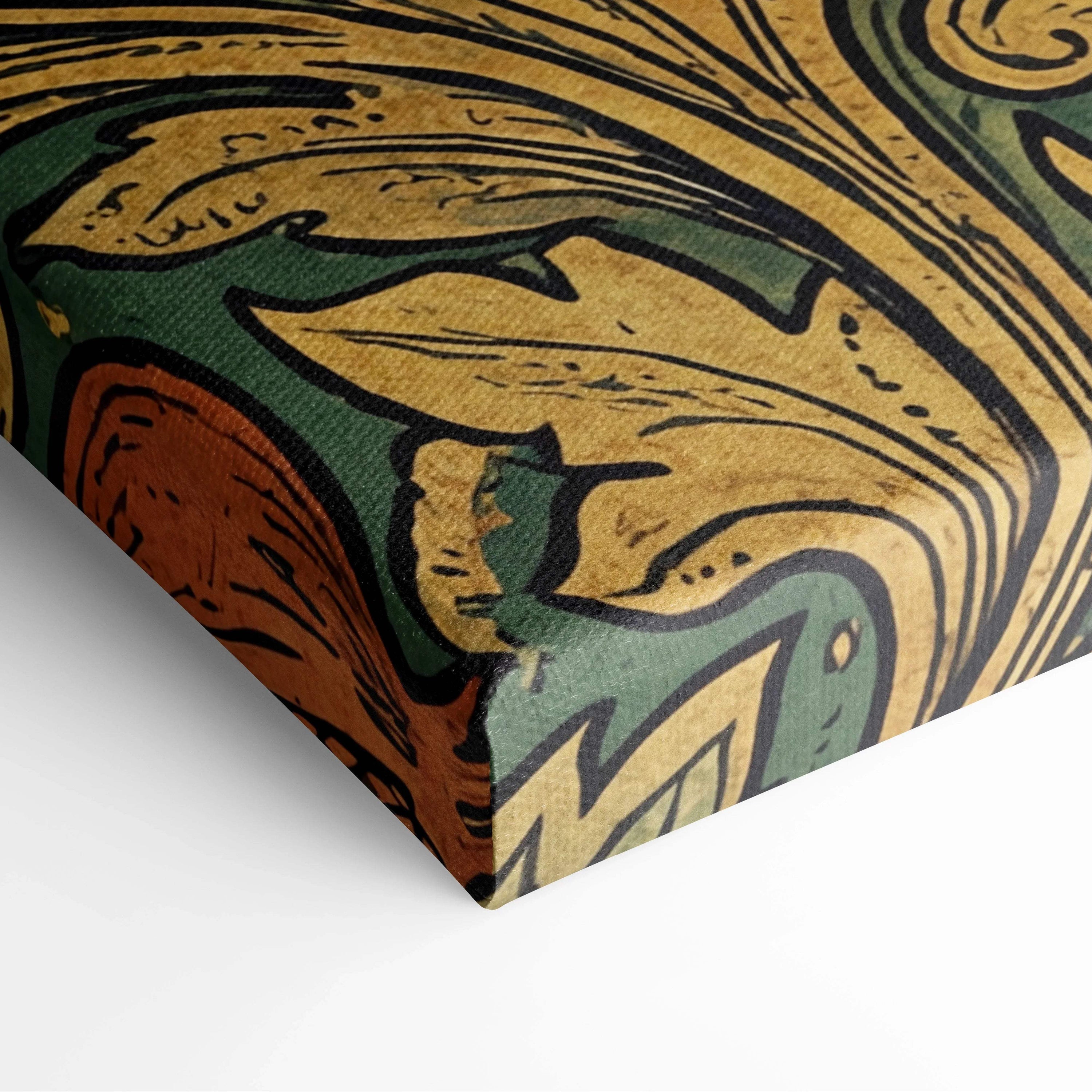 Elegant ornate botanical scrollwork canvas wall art in gold, sage green, teal tones