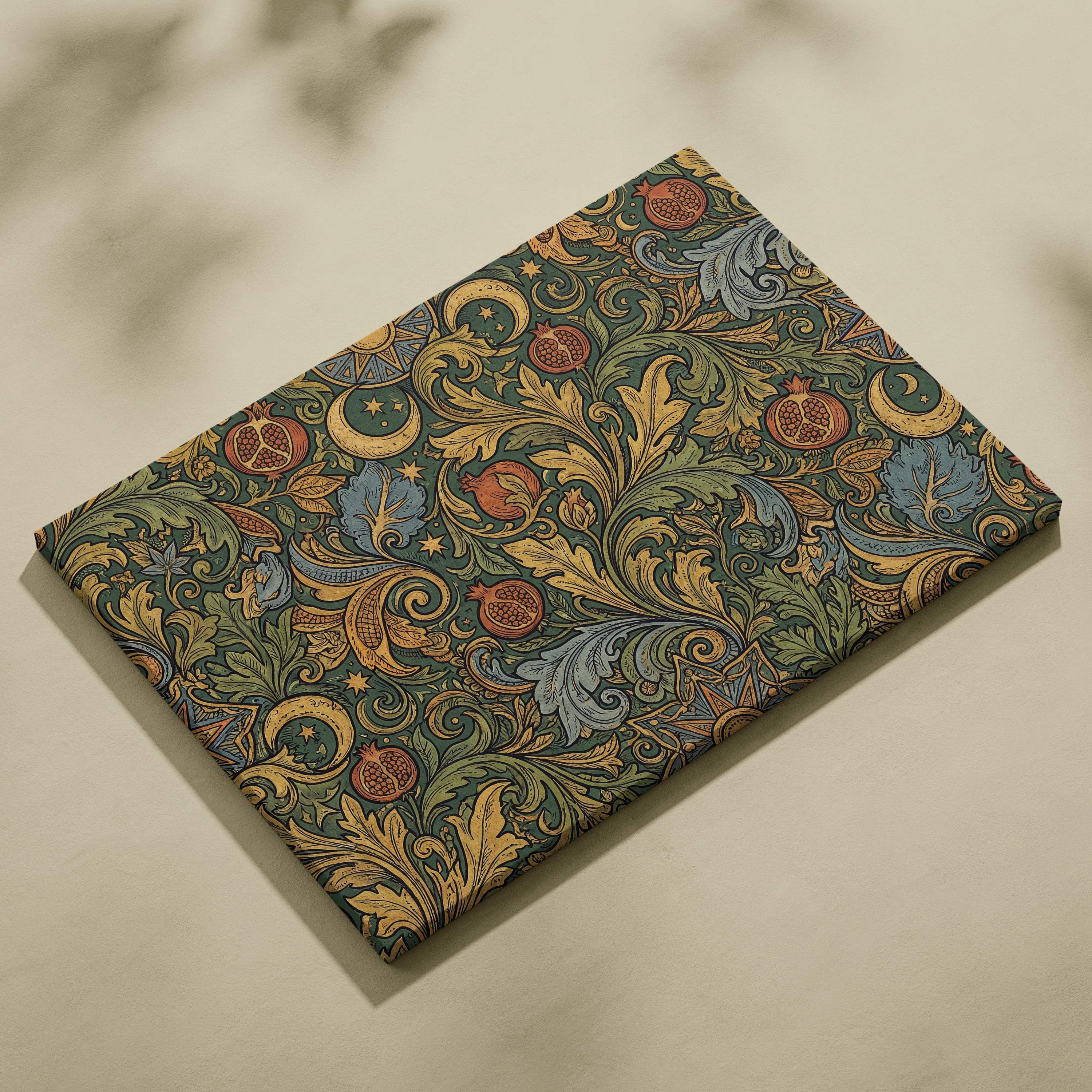 Elegant ornate botanical scrollwork canvas wall art in gold, sage green, teal