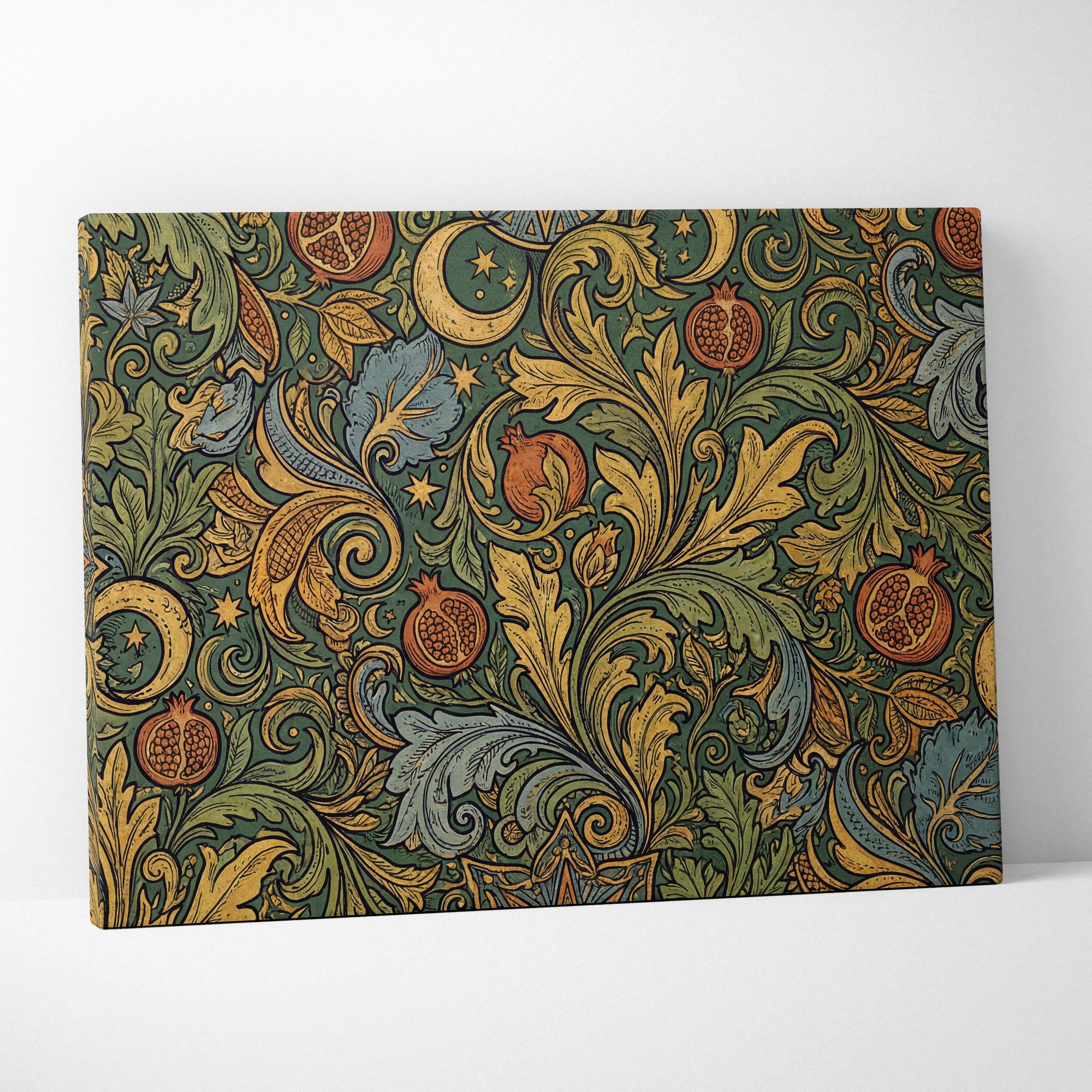 Elegant ornate botanical scrollwork canvas wall art in gold, sage green, teal