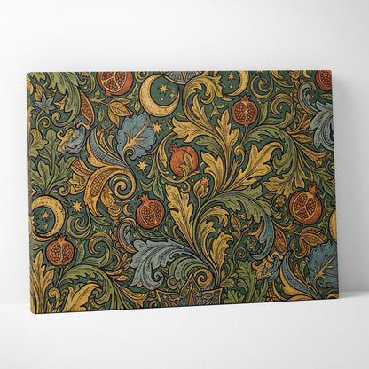 Elegant ornate botanical scrollwork canvas wall art in gold, sage green, teal